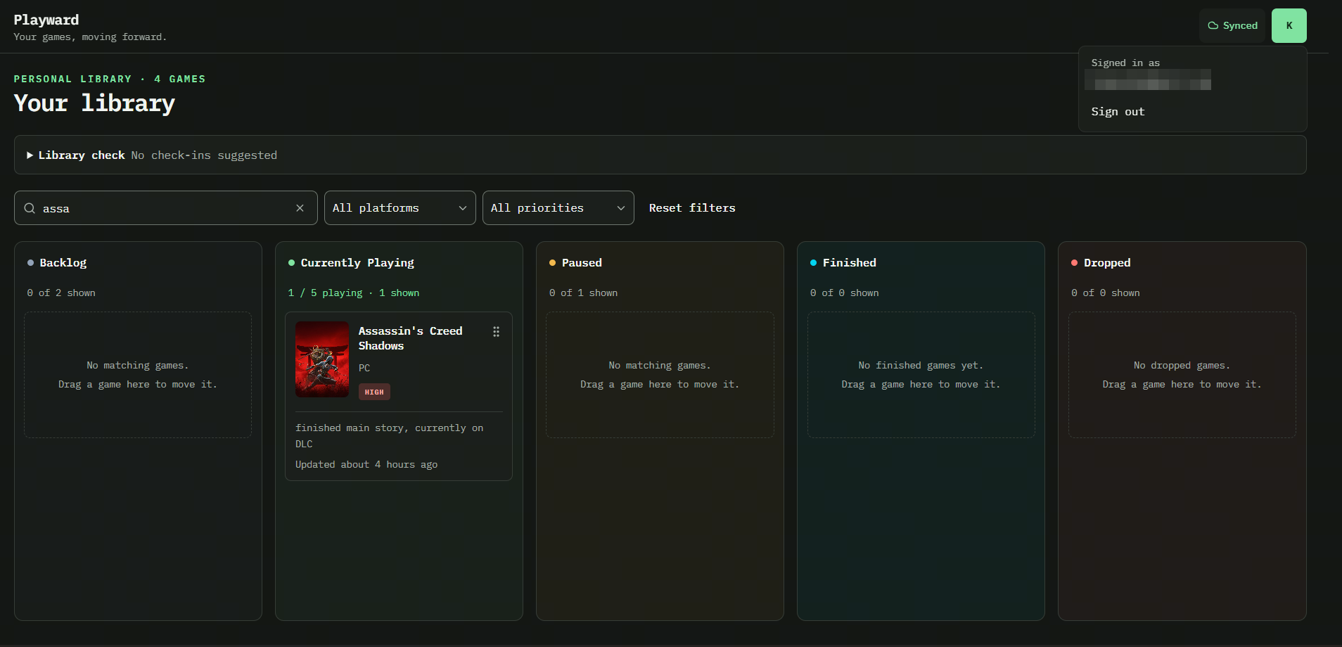 Account menu with email obscured, Sign out action, and Synced indicator.