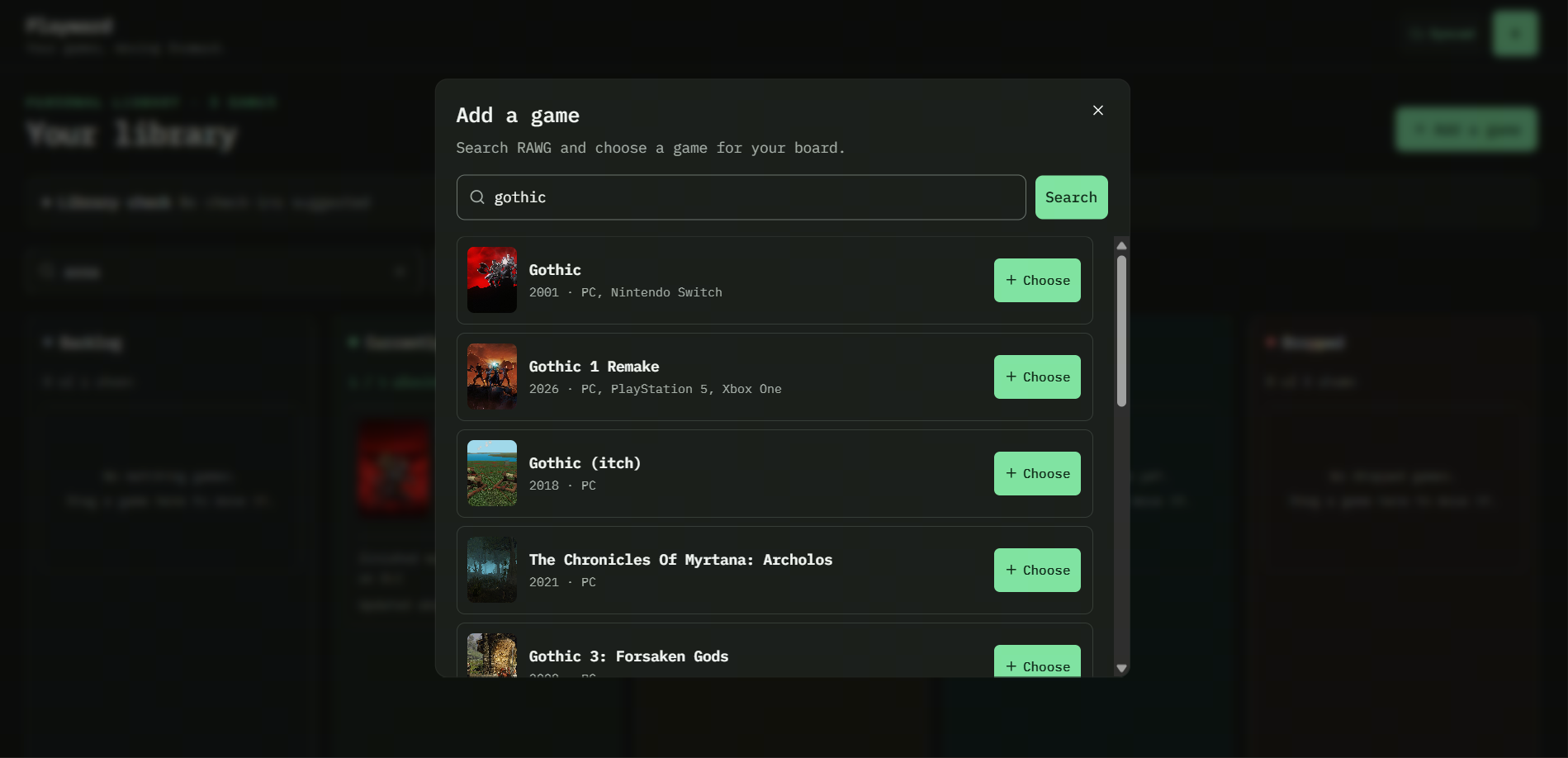 Add a game menu with RAWG search results for Gothic and Choose buttons.