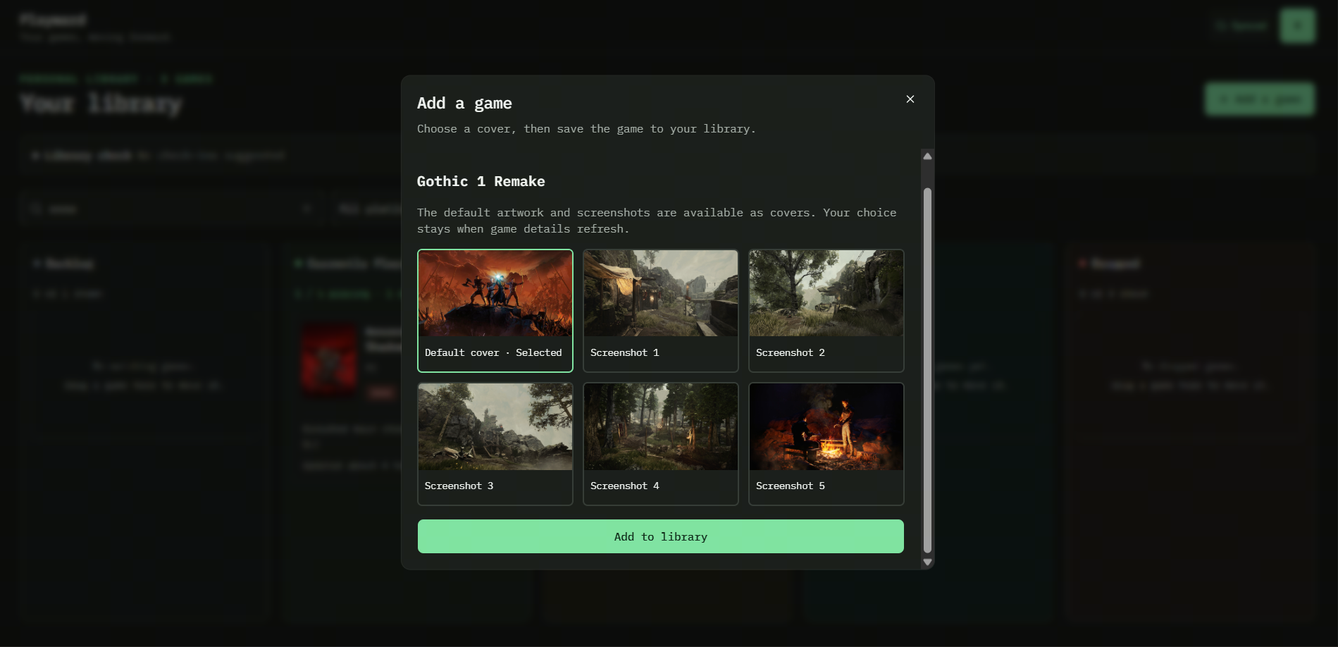 Gothic 1 Remake cover choices, including default artwork and screenshots.
