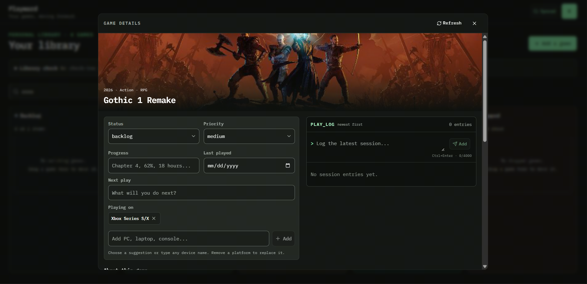 Centered game details showing artwork, status, priority, progress, devices, last-played date, and the play-log entry field.