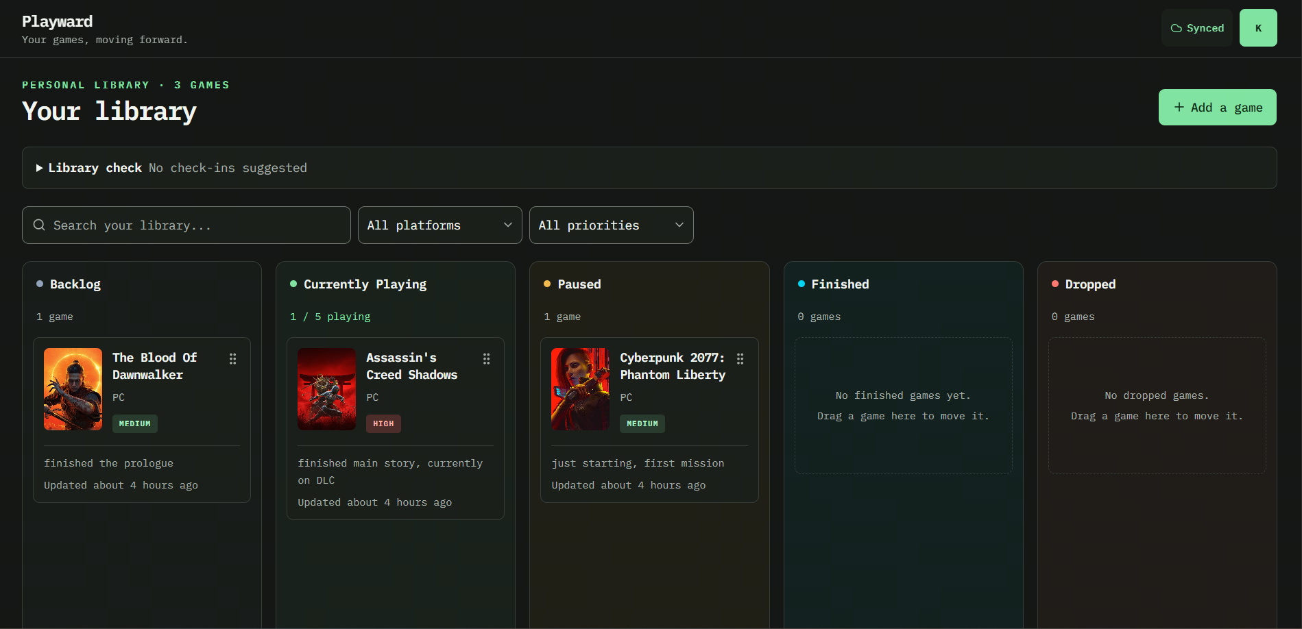 Playward board with games in Backlog, Currently Playing, and Paused, plus Finished and Dropped columns.