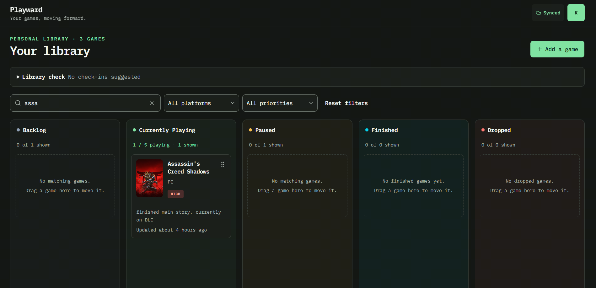 Library search showing Assassin's Creed Shadows, matching counts, platform and priority filters, and Reset filters.