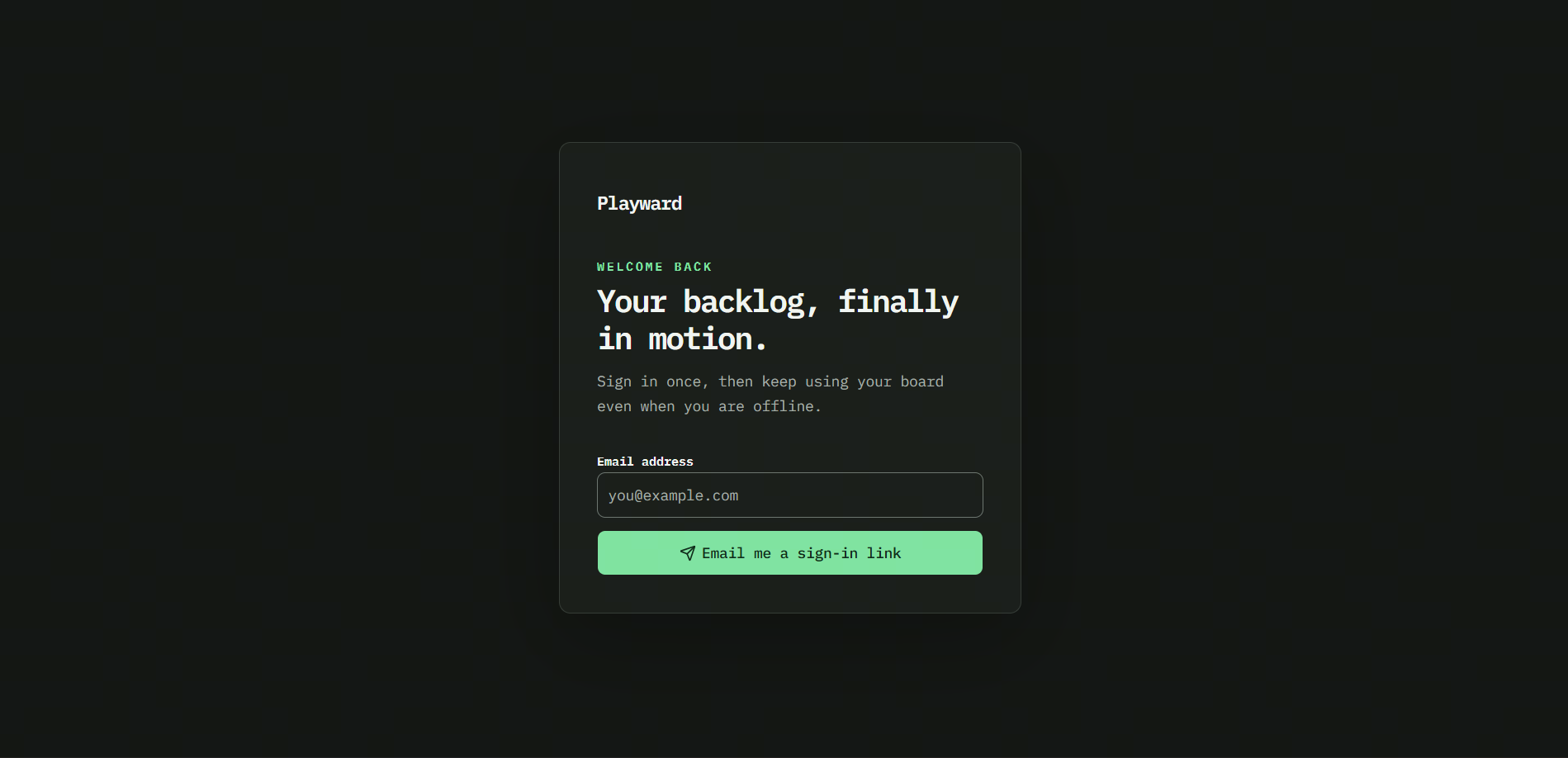 Playward email sign-in form with an Email me a sign-in link button.